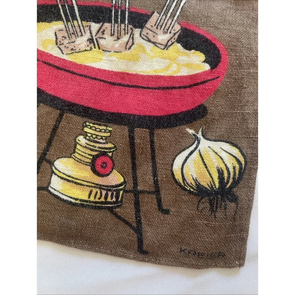 Vintage Recipe Fondue Tea Towel Linen European Kreier Swiss German Kitchen Dish